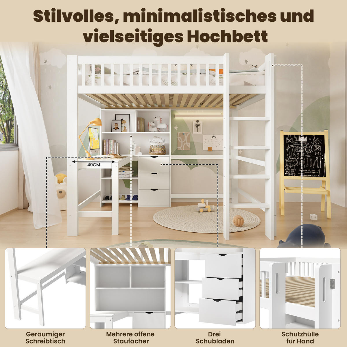 HOCHBETT 140/200 cm aus Kiefernholz mit Schreibtisch und Stauraum Weiß - Weiß, Holz (140/200cm) - Modenvie