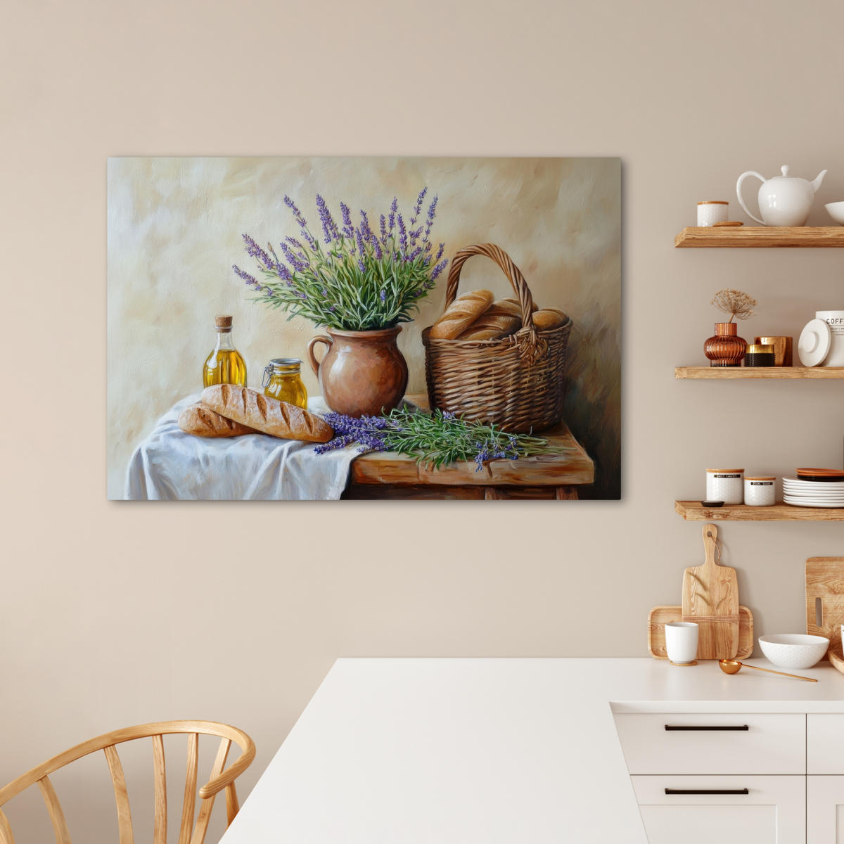 LEINWANDBILD Lavendel - Brot - Stilleben Wohnzimmer 120x80 cm - Flieder, Textil (120/80cm) - MuchoWow