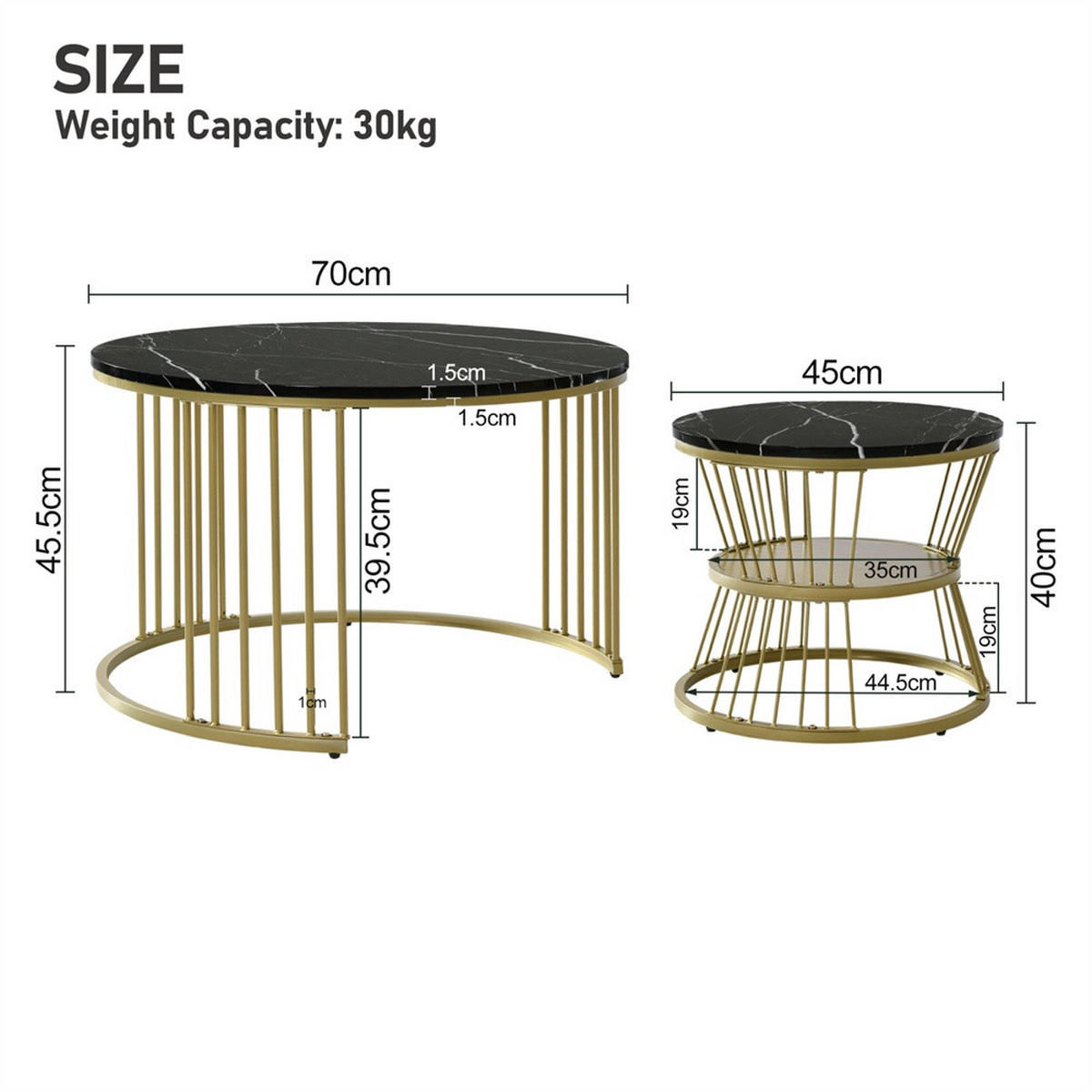 COUCHTISCH 2er Set - Runder Couchtisch 70 cm & 45 cm - Ineinander Schiebbar Marmoroptik - Gold & Schwarz - Schwarz, Holzwerkstoff (70/70/45.5cm) - DELFA