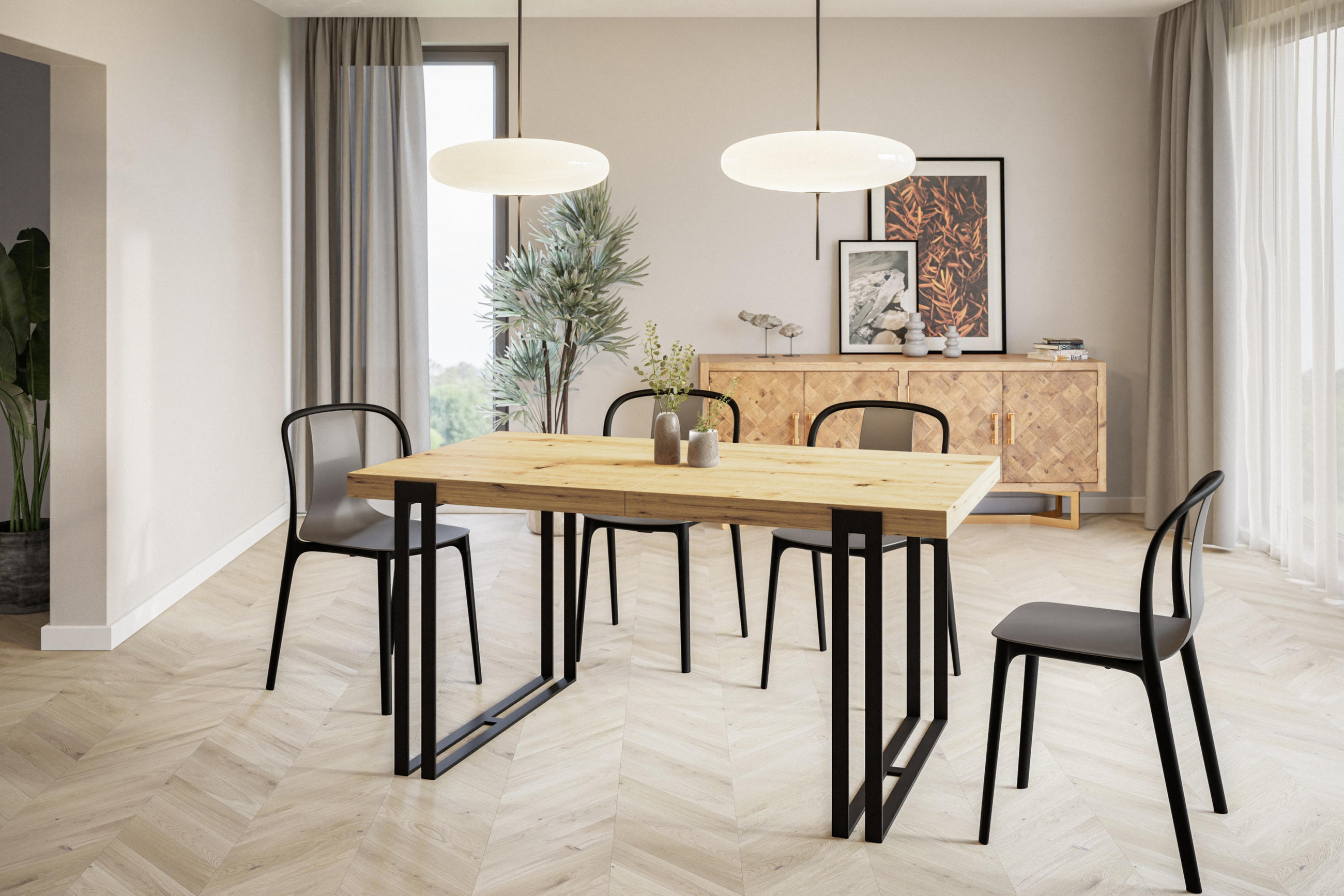 ESSZIMMERTISCH ROSA, ausziehbarer Tisch 120-220X80X77 cm, Farbe: ARTISAN, mit Metallbeinen in Farbe Schwarz - Hellbraun/Schwarz, Holzwerkstoff (120/80/77cm) - Alpi-Möbel