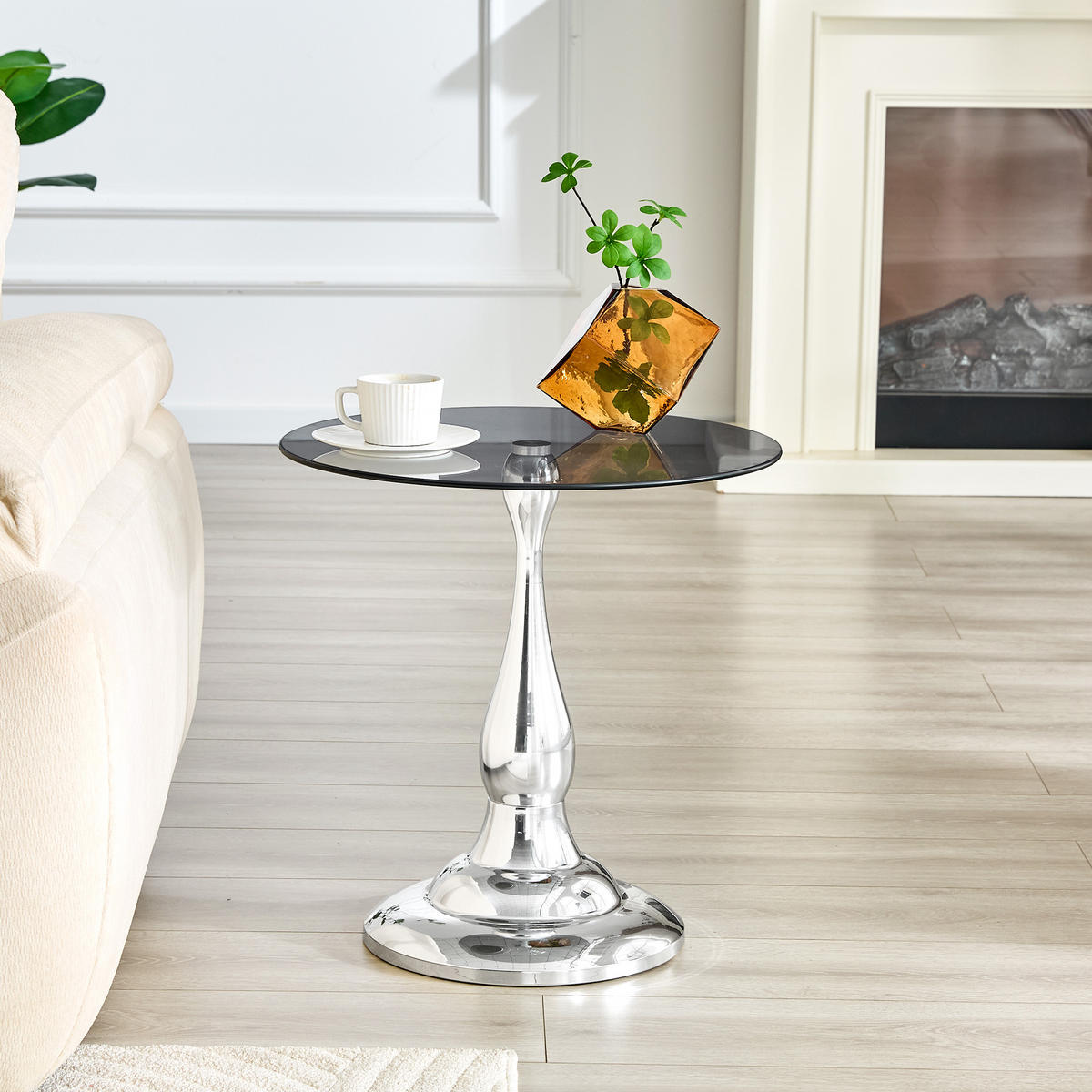 BEISTELLTISCH rund Silber Sicherheitsglas/Metall 50/50/51,5 cm - Silberfarben, Glas/Metall (50/50/51.5cm)
