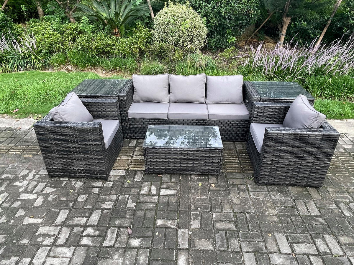 GARTENSOFA SET Polyrattan Dunkelgrau 5-Sitzer - Dunkelgrau, Metall - Fimous