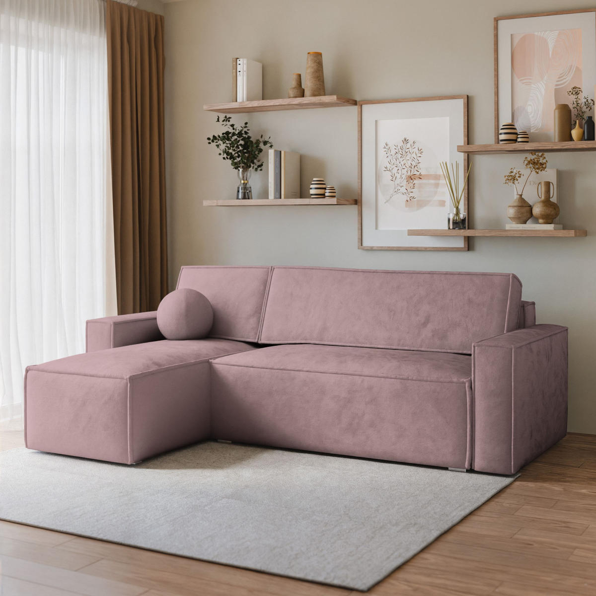 ECKSOFA RAVELO M Lila Velours-Stoff mit Schlaffunktion - Lila, Holz (240/140cm) - MASSENO