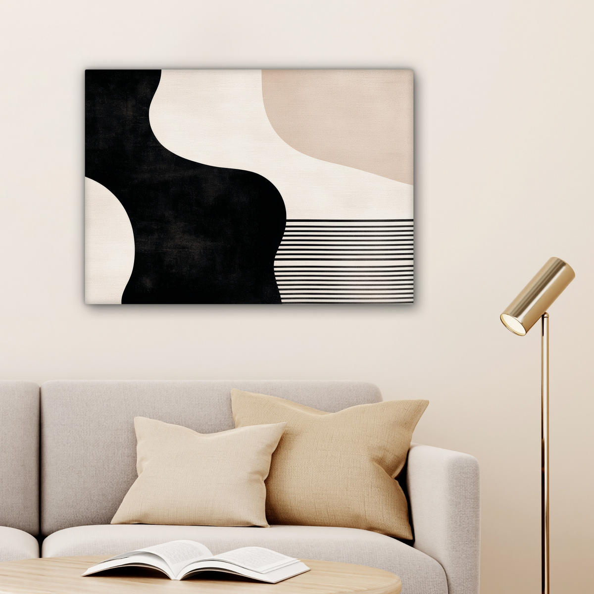 LEINWANDBILD Abstrakt - Japandi - Beige - Modern Wandbilder 80x60 cm - Schwarz, Textil (80/60cm) - MuchoWow