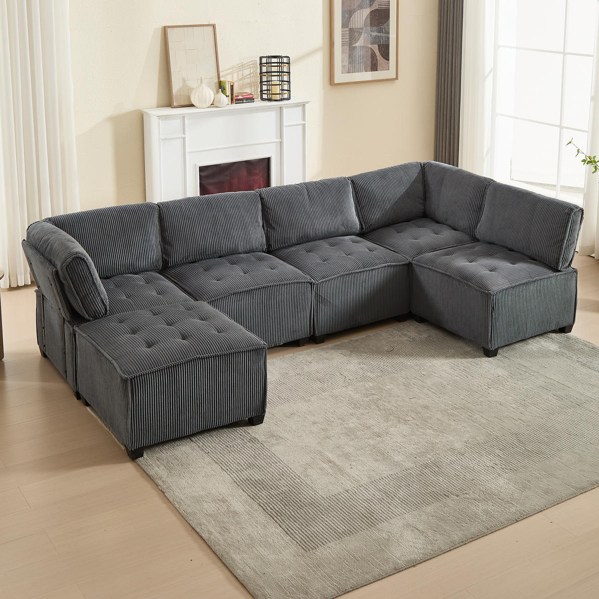 WOHNLANDSCHAFT 308/154/82 cm Grau mit Stauraumtaschen und Fußbank - Grau, Textil (308/82/154cm) - Oxeza