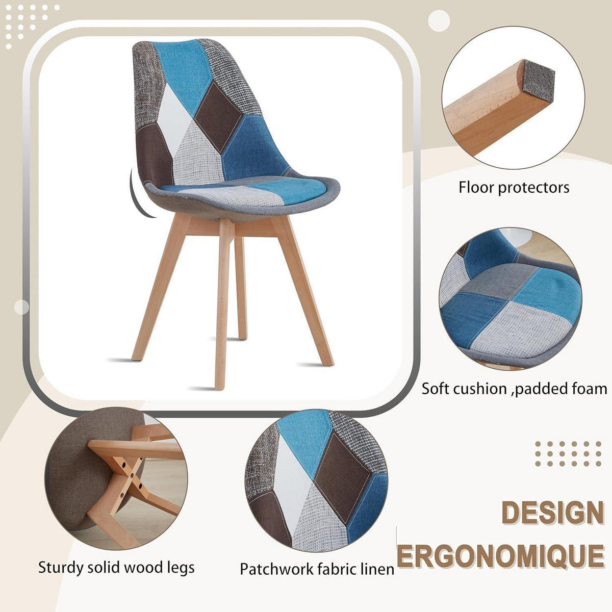 ESSZIMMERSTUHL 6-teiliges Set Patchwork Blau Stoff Massivholzbeine - Multicolor, Textil (49/83/42cm)