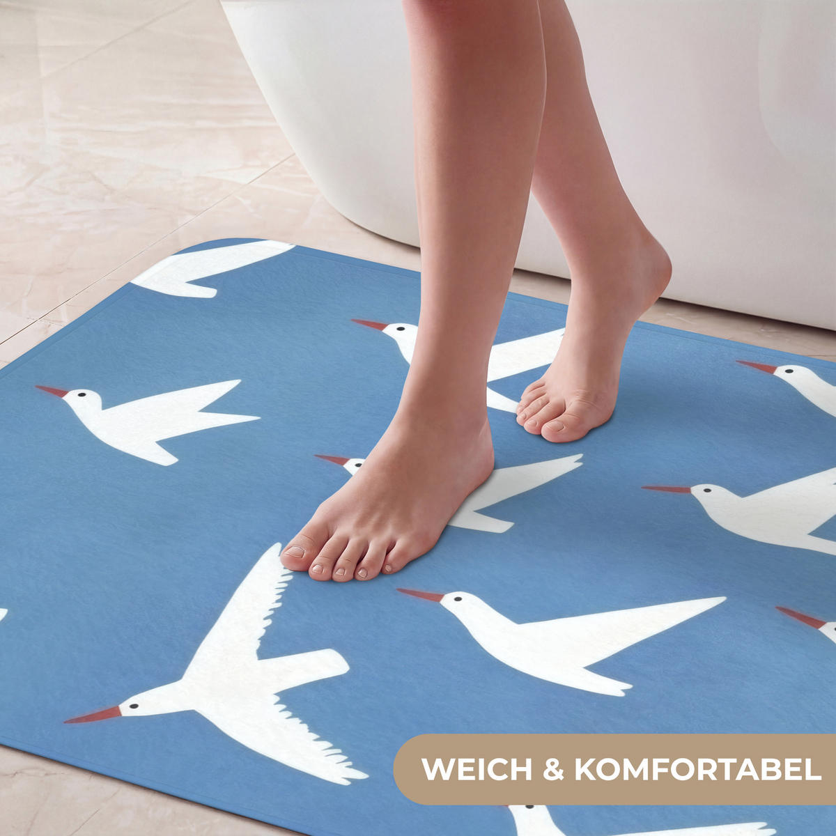 BADEMATTE Vögel - Weiß - Muster 90x60 cm - Blau, Kunststoff/Textil (90/60cm)