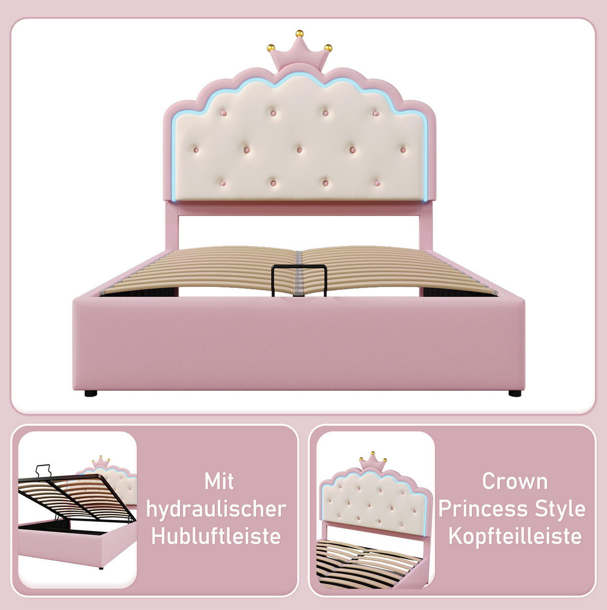POLSTERBETT 140/200 cm aus PU mit LED-Licht und Stauraum, Rosa - Pink, Kunststoff (140/200cm) - OKMYHOME