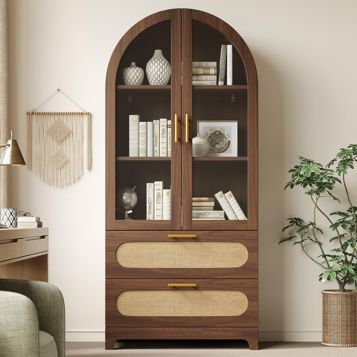 VITRINE mit Glastüren 80 x 40 x 175 cm Holzoptik 2 Schubladen - Braun, Holzwerkstoff (40/175/160cm) - Meubliv