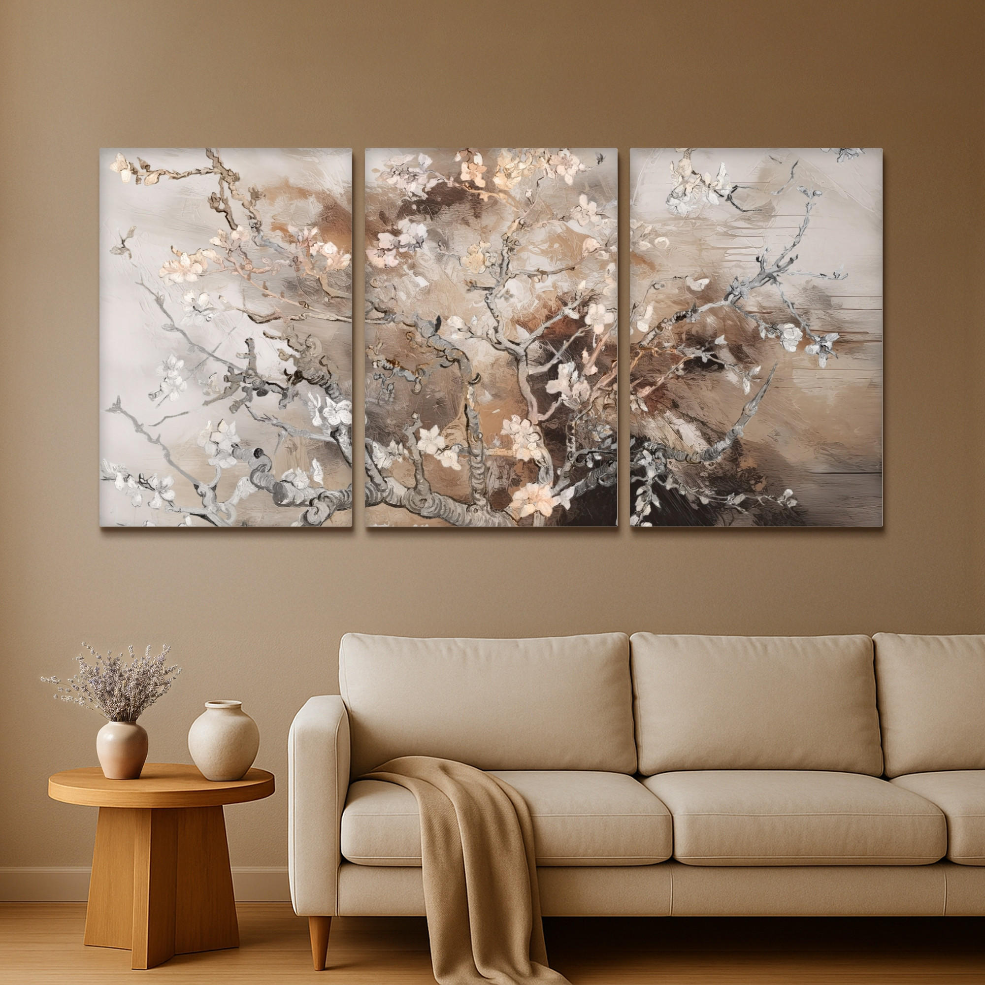 LEINWANDBILD 3er Set Mandelblüte - Abstrakt - Beige 240x120 cm - Beige, Textil (240/120cm) - MuchoWow