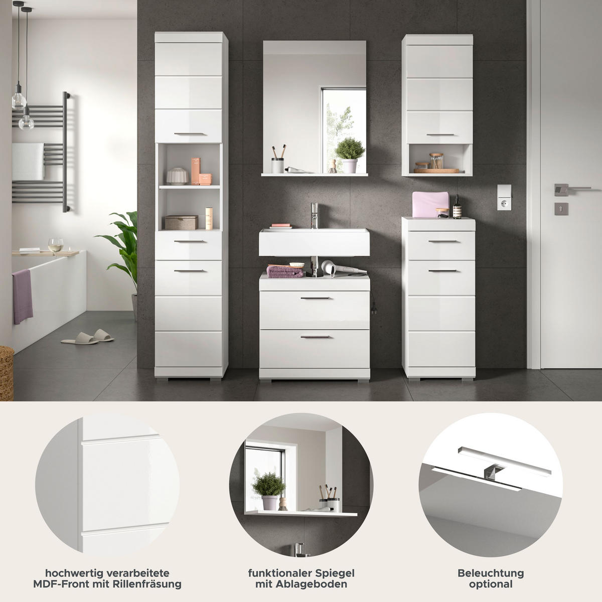 BADKOMBINATION 5tlg. Scout Bad in weiß Nachbildung und weiß hochglanz B/H/T: 164x191x37 cm - Weiß, Holz (164/191/37cm)