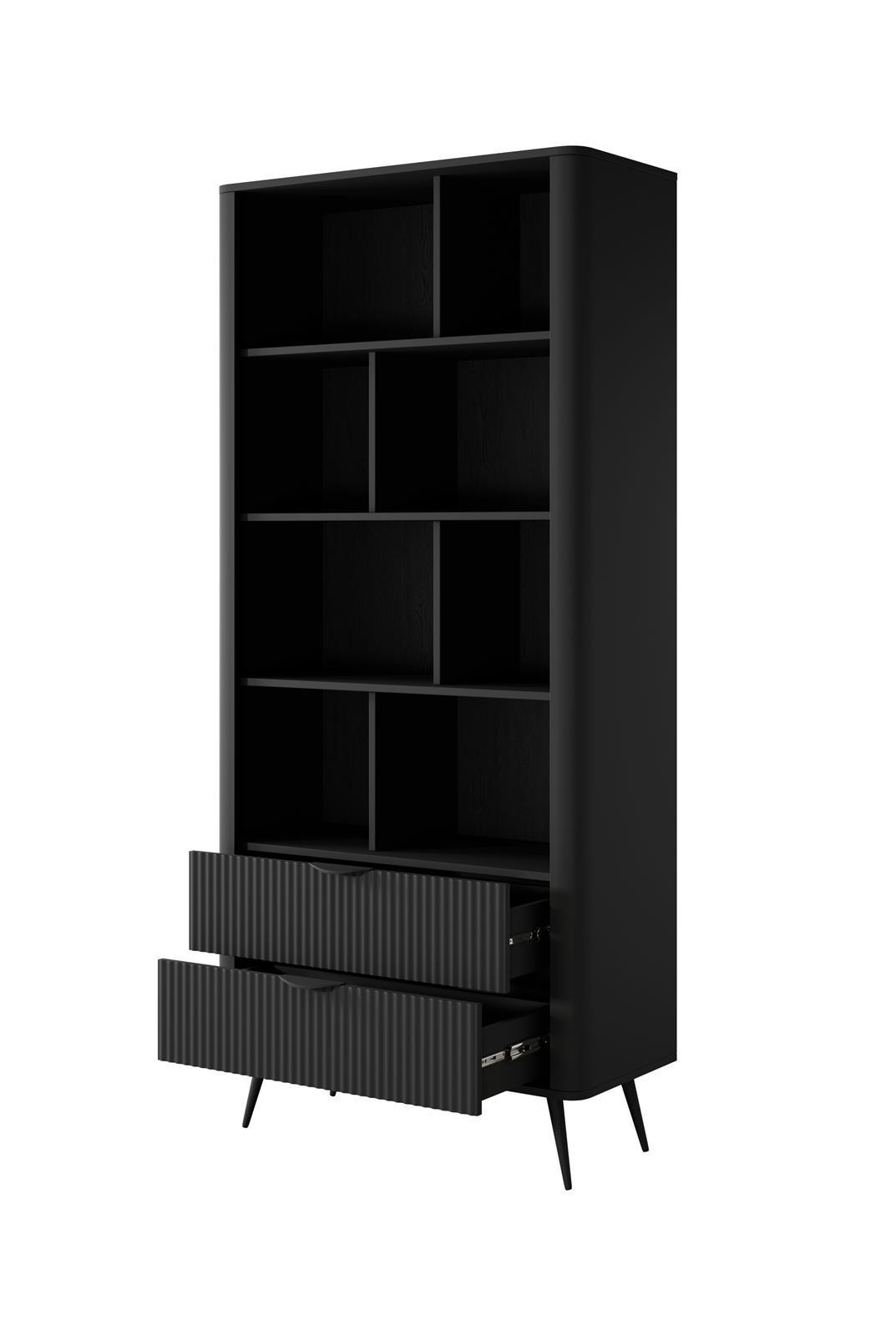 BÜCHERREGAL Lante, Schwarz, Zweischübig, Geriffelte Fronten, Standregal - Schwarz, Holzwerkstoff (88/194/38cm) - Bettso