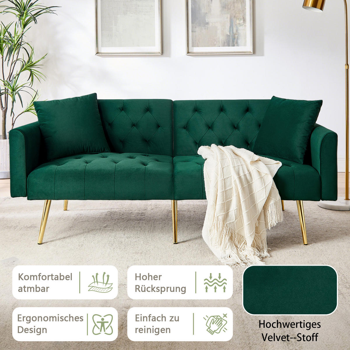 SCHLAFSOFA 177/78/74 cm in Green Samt mit Aufbewahrungstasche - Grün, Textil (78/74/177cm) - Oxeza