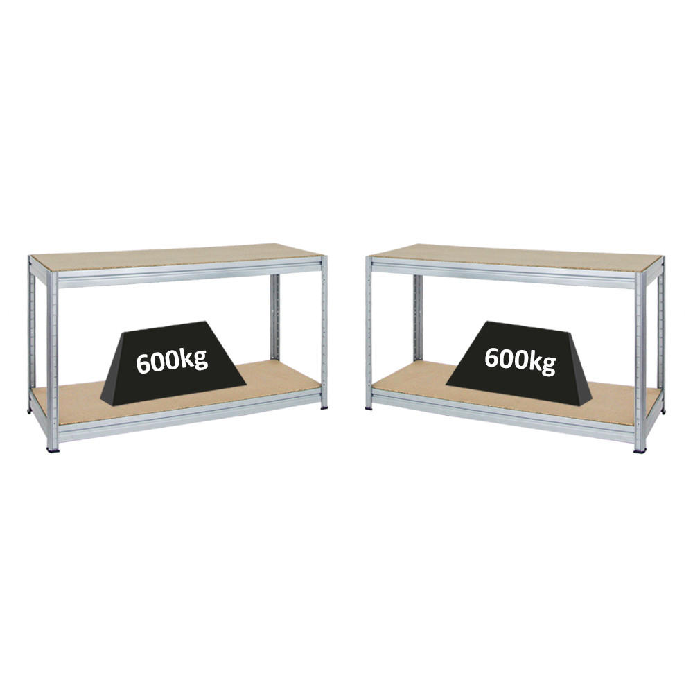 WERKBANK Dino 2er-Set mit 2x höhenverstellbar 90x160x60 cm Traglast 600 kg Verzinkt - Silberfarben, Metall (320/90/60cm) - PROREGAL