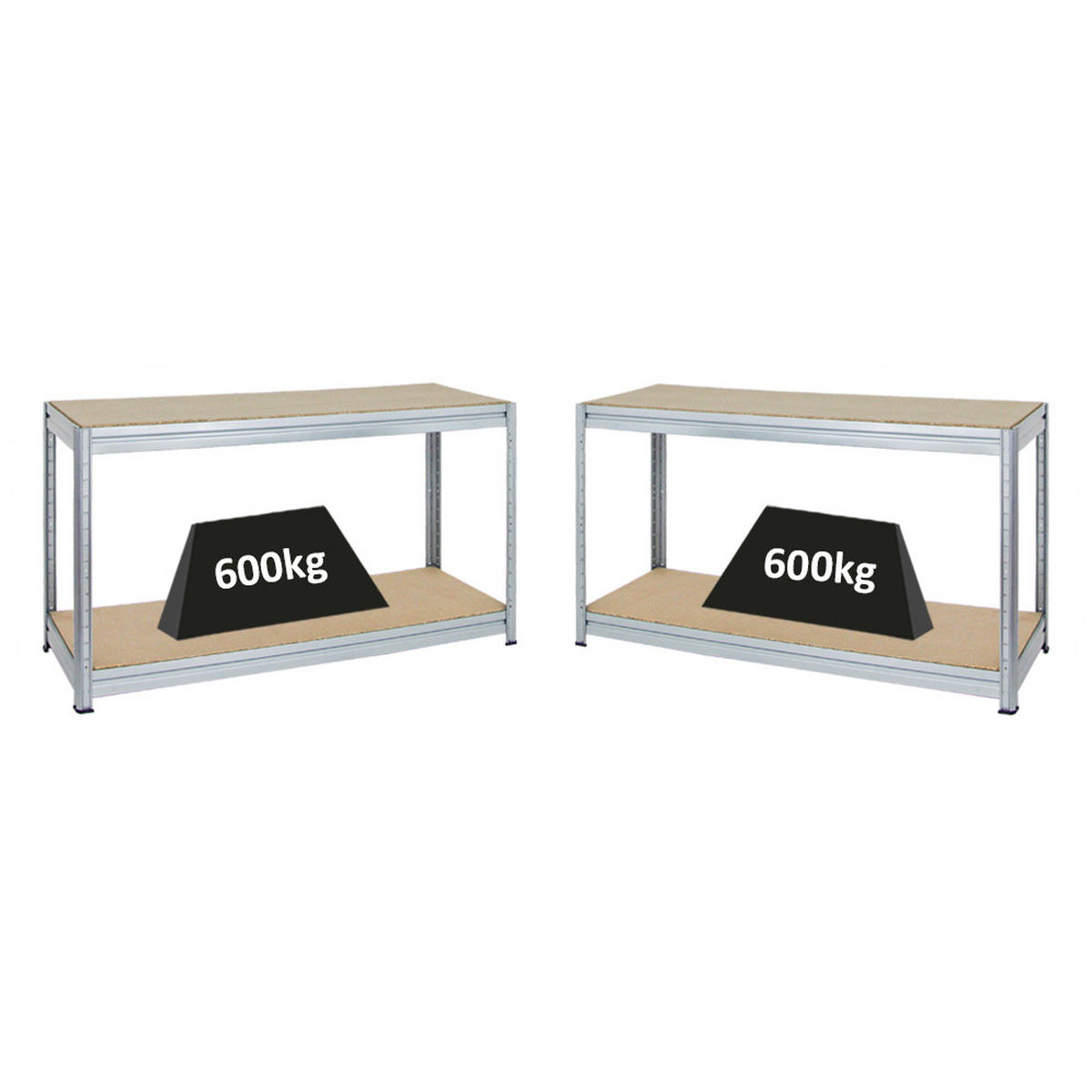 WERKBANK Dino 2er-Set mit 2x höhenverstellbar 90x160x60 cm Traglast 600 kg Verzinkt - Silberfarben, Metall (320/90/60cm) - PROREGAL