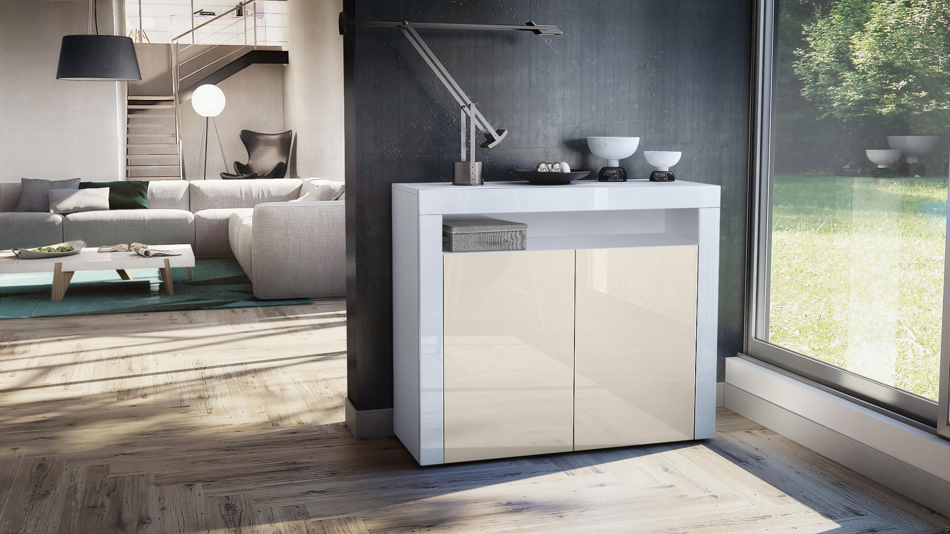 KOMMODE Valencia Creme Hochglanz / Weiß Hochglanz - Creme, Holzwerkstoff (108/92/40cm) - Vladon