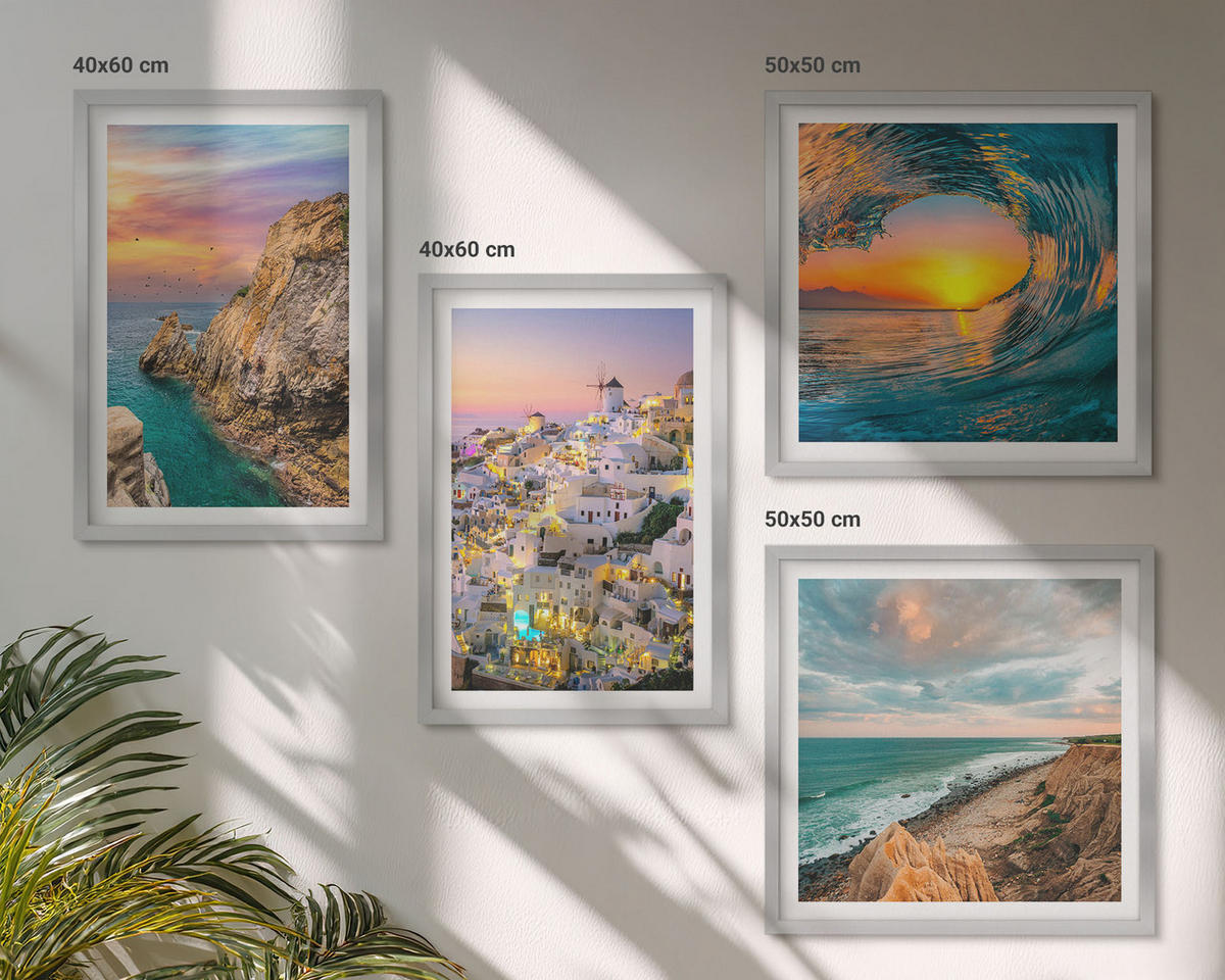 WANDBILDER 4er Set - 50x50 cm & 40x60 cm Silberner Rahmen - Meereswellen, weiße Häuser, Santorini - Silberfarben, Kunststoff (50/50cm) - ArtPrintCave