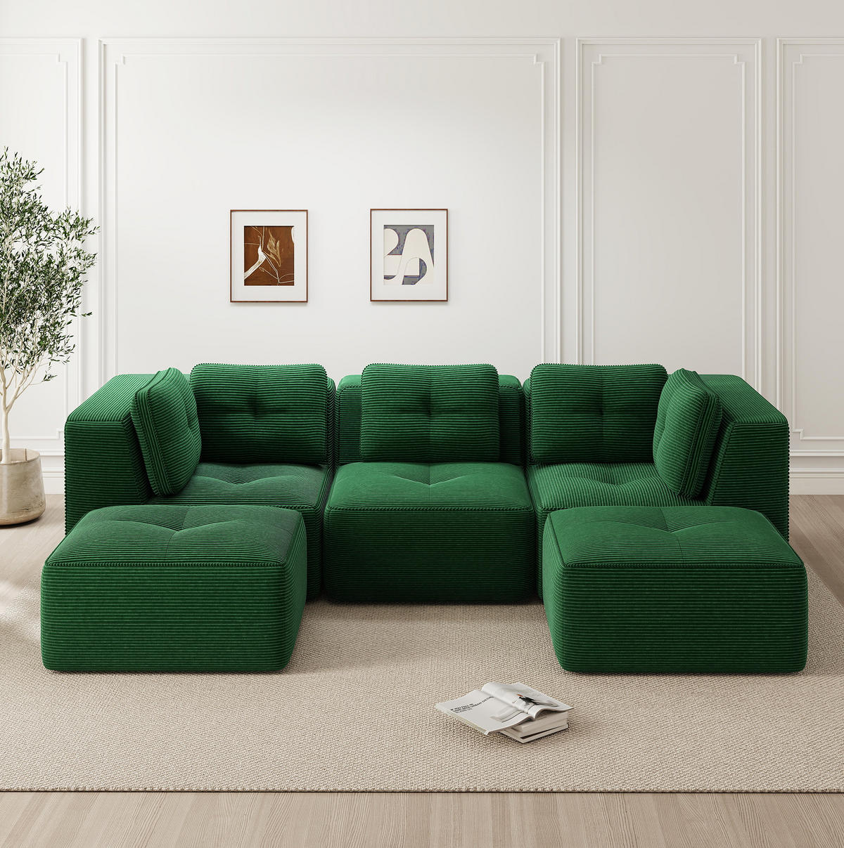 ECKSOFA 297/177/69 cm grün aus Cord mit modularem Design und tiefer Sitzfläche - Grün, Textil (177/297cm) - OKWISH