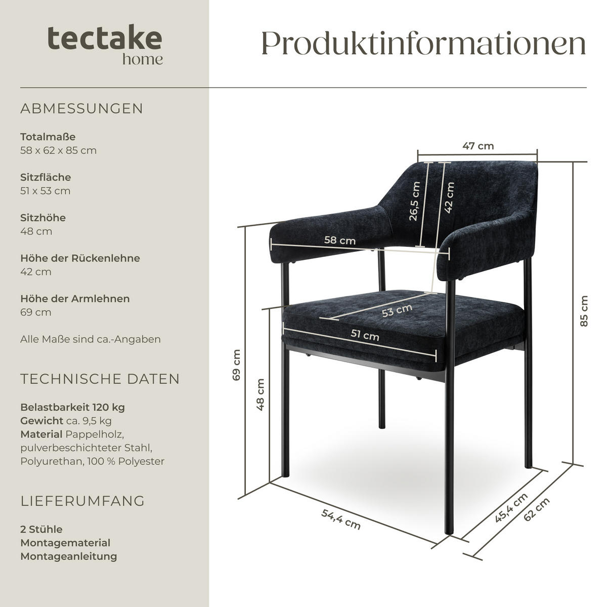 ARMLEHNSTUHL 2er Set Doé 58 x 62 x 85 cm Webstoff schwarz/schwarz - Schwarz, Textil (58/85/62cm) - tectake