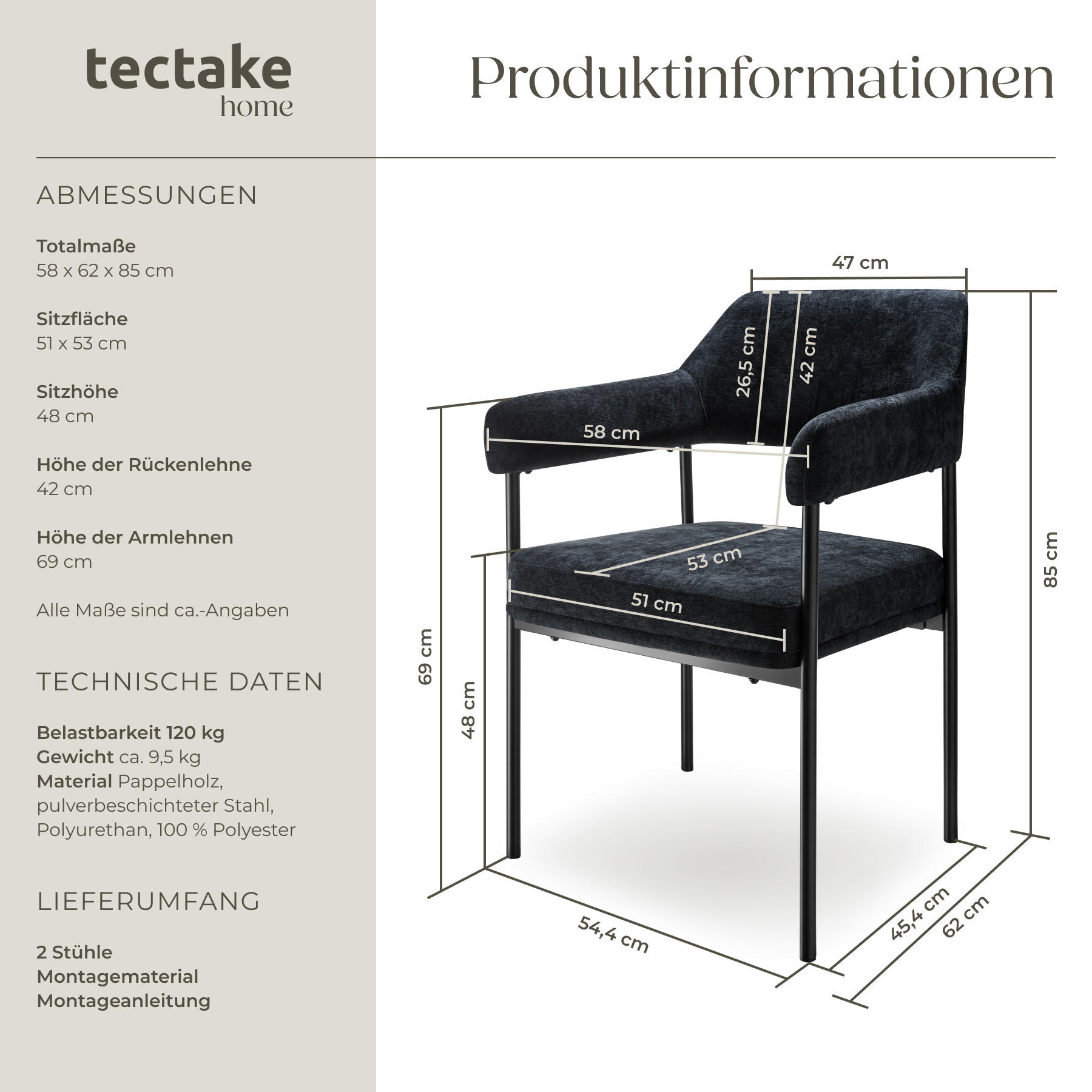 Thumbnail - tectake Armlehnstuhl, Schwarz, Schwarz, Textil, Pappel, 58x85x62 cm, Esszimmer, Stühle, Esszimmerstühle, Armlehnenstühle