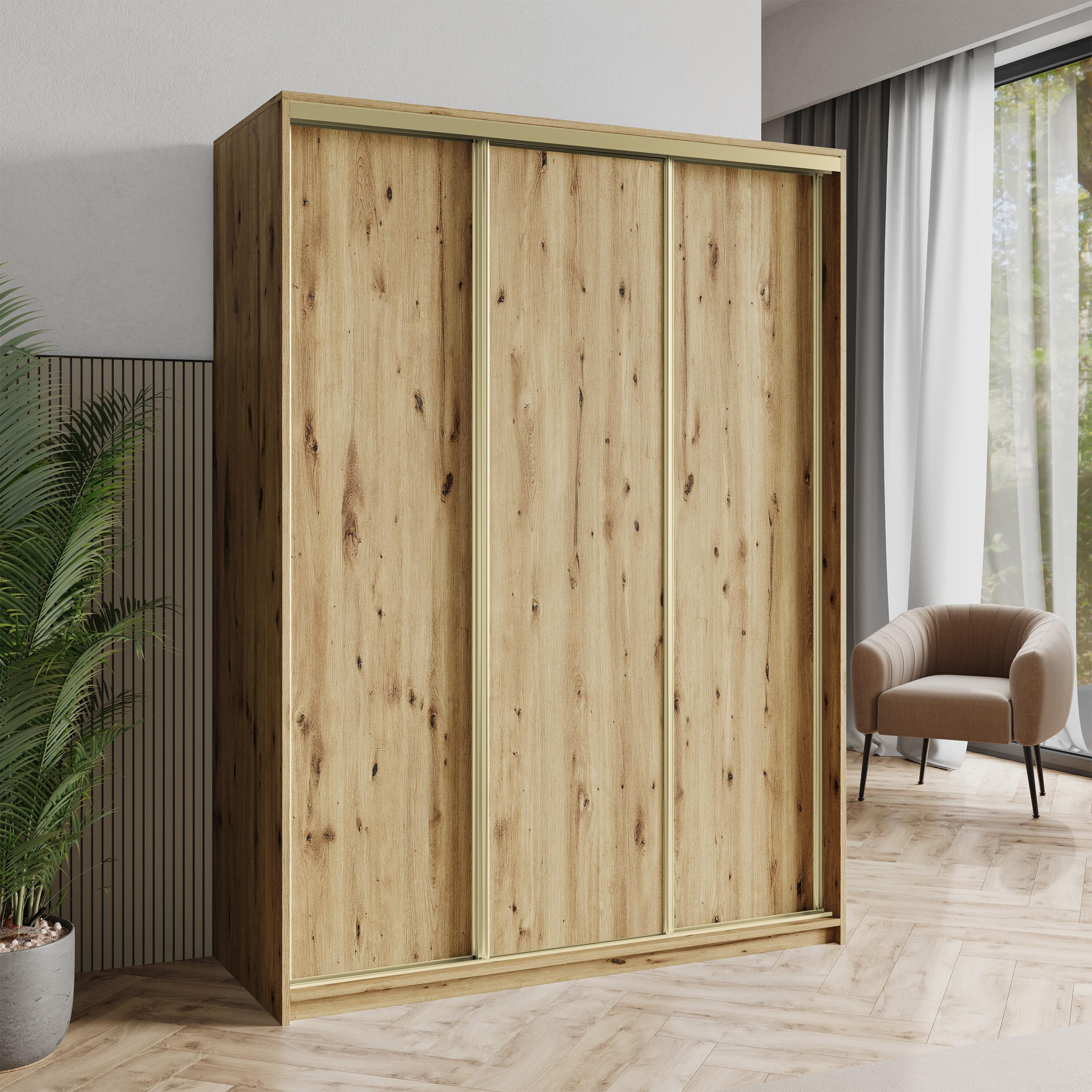 SCHWEBETÜRENSCHRANK NISSE 150/205/60 cm 3-türig Eiche Artisan - Eiche Artisan, Holzwerkstoff (150/205/60cm) - MASSENO