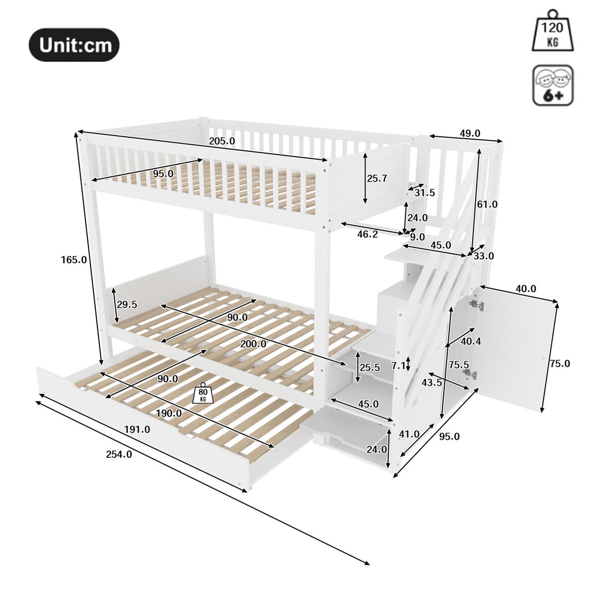 ETAGENBETT 90/200 cm Weiß mit Ausziehbett und Kleiderschrank - Weiß, Holz (90/200cm) - Flora Grace