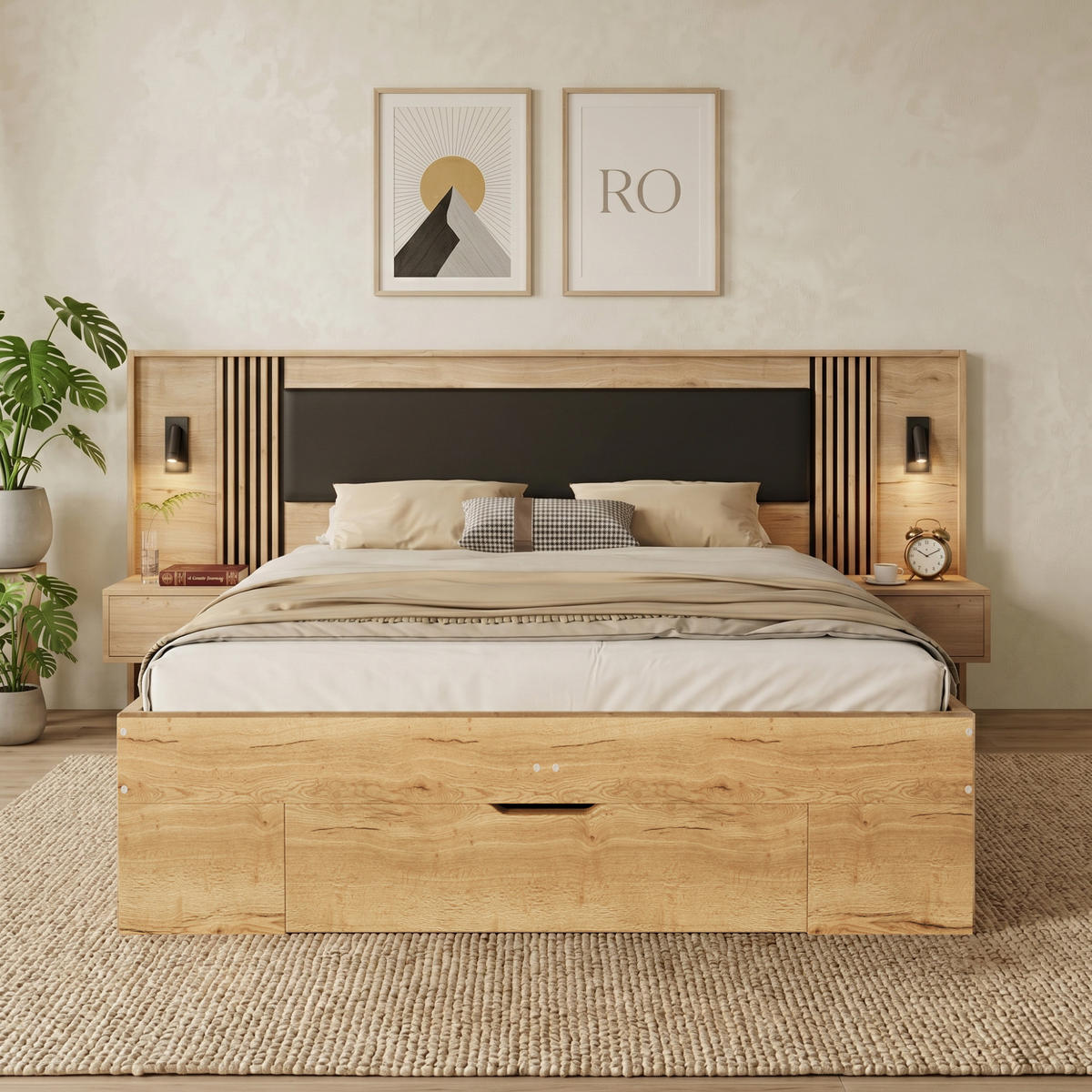 BETT 160/200 cm in Natur mit Schublade, Stauraum, Leselampen und Nachttischen MDF modern - Naturfarben, Holzwerkstoff (160/200cm) - STILVORA