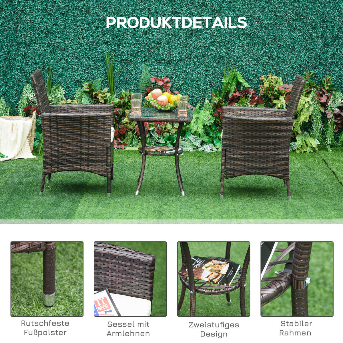 GARTENMÖBEL Set, Metall, PE-Rattan Braun - Braun, Metall - Outsunny