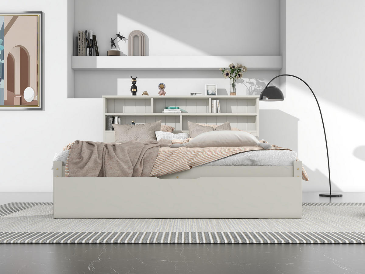 BETT 140/200 cm mit Bücherregal-Kopfteil, Schubladen & Lattenrost, Weiß - Weiß, Holz (140/200cm) - Redom