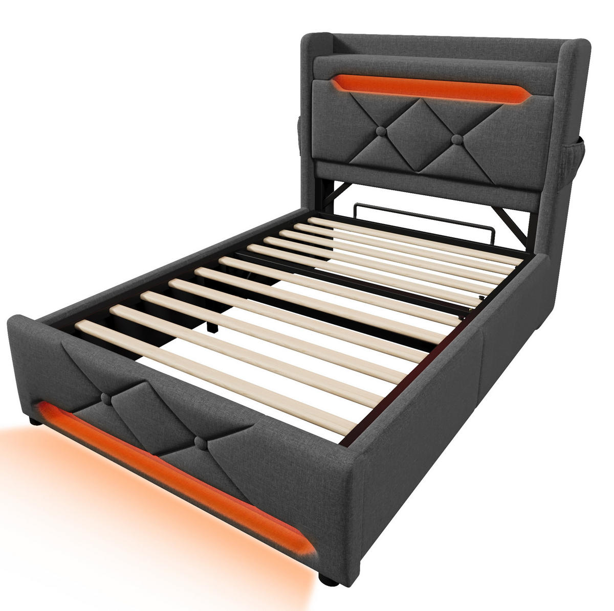 POLSTERBETT mit LED-Beleuchtung 90/200 cm in Grau mit Bettkasten & USB - Grau, Textil (90/200cm) - BEAOK
