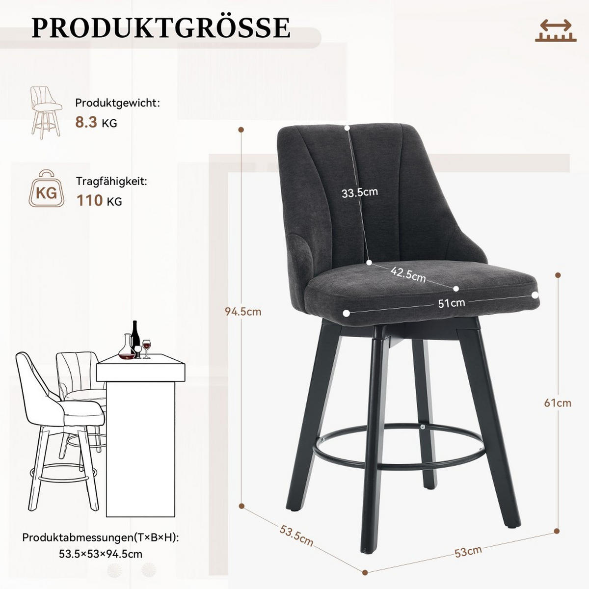 BARHOCKER 2er-Set Grau - Grau, Naturmaterialien (53/94.5/53.5cm)