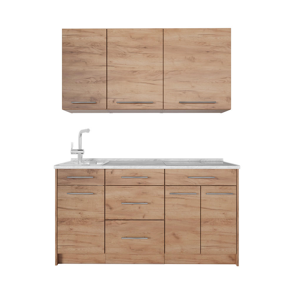 SINGLEKÜCHE Fame-Line, Goldkraft Eiche/Goldkraft Eiche, 150 cm Arbeitsplatte Marmor - Eichefarben, Holzwerkstoff (150/81.2/60cm) - Vicco
