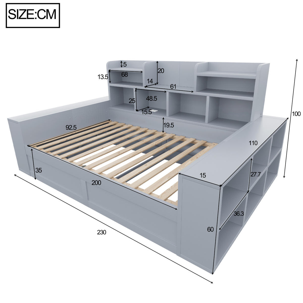 STAURAUMBETT 90/200 cm mit hydraulischem Stauraum und LED, DE-41649, in Grau - Grau, Holzwerkstoff (90/200cm) - ComfortXL