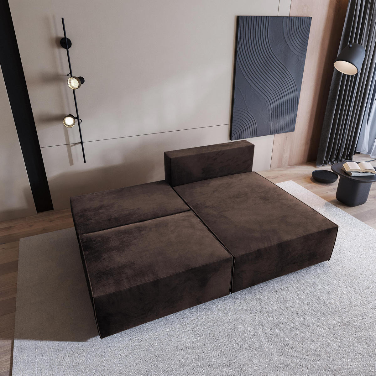 ECKSOFA FIORO M Braun Velours-Stoff mit Schlaffunktion - Braun/Grau, Holz/Kunststoff (204/148cm) - MASSENO