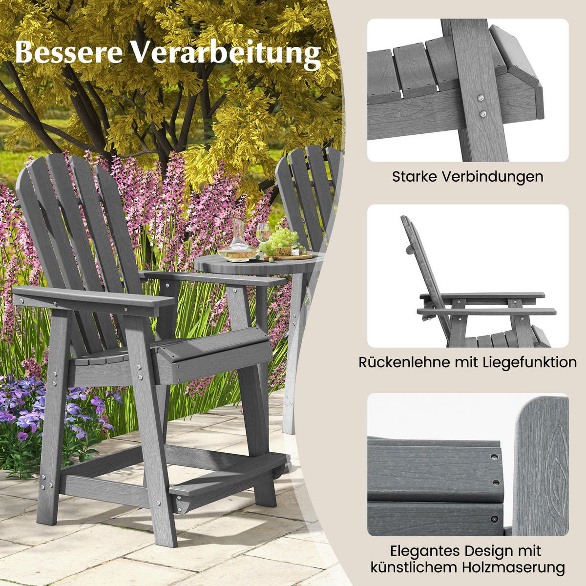 STUHL Hoher Adirondack Grau - Grau, Kunststoff (85/119/70cm) - COSTWAY