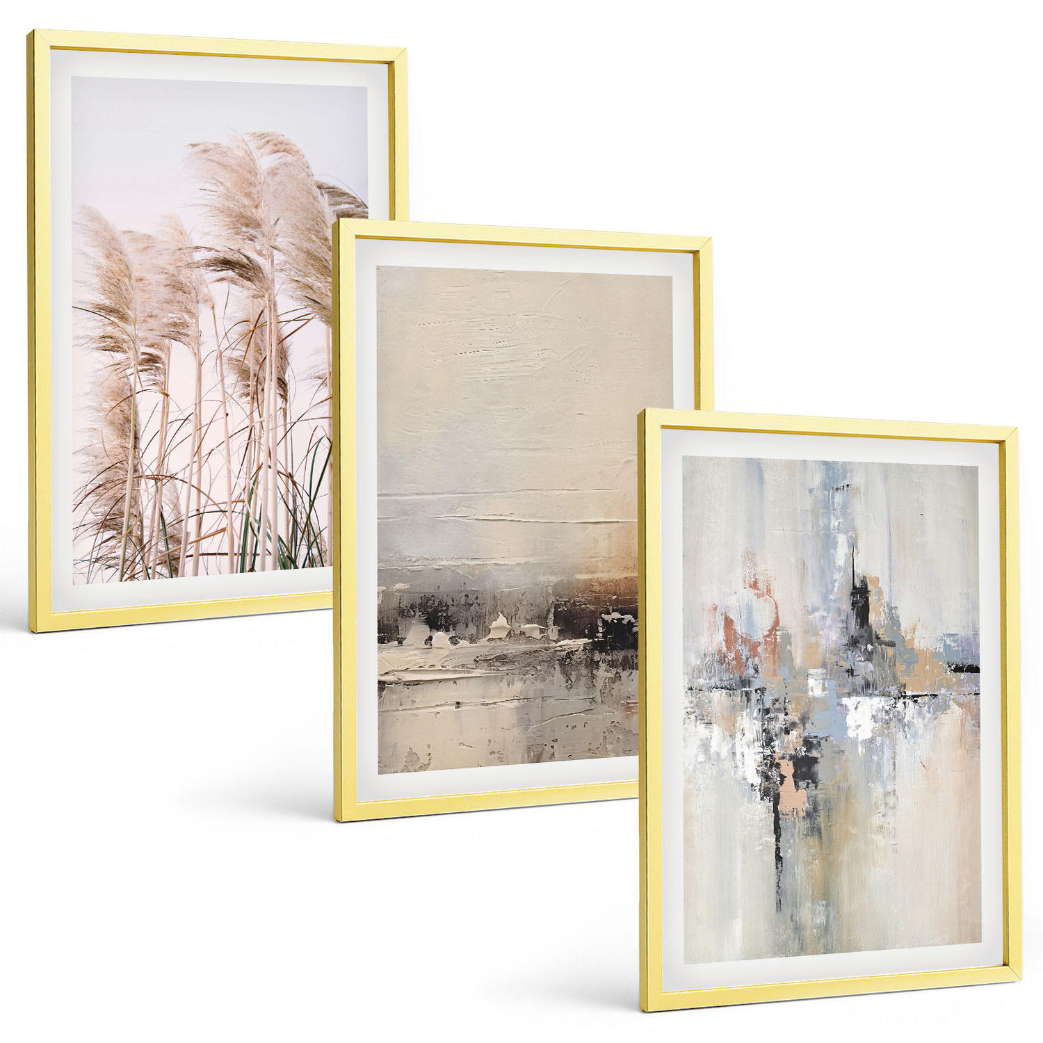 BILDER SET 3er Set - 40x60 cm Goldrahmen - Abstrakte Vegetationsmuster - Goldfarben, Kunststoff (40/60cm) - TULUP
