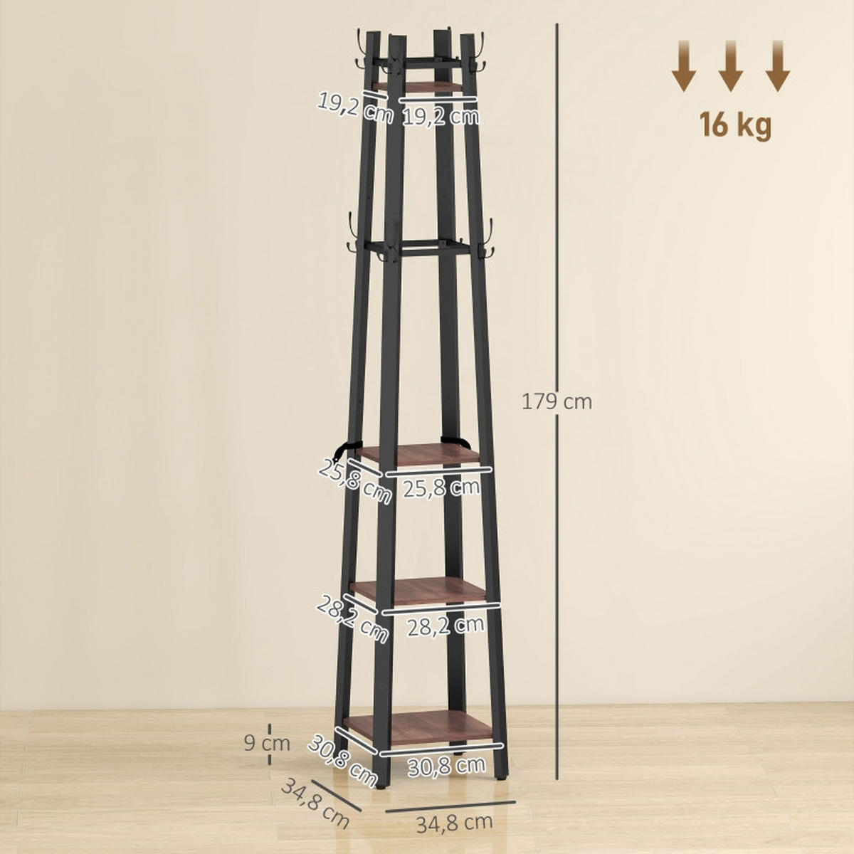 STANDGARDEROBE mit 8 Haken und 4 Ablagen, Industrial-Look, 34,8/34,8/179 cm - Braun, Holz (34.8/179/34.8cm) - BEAOK