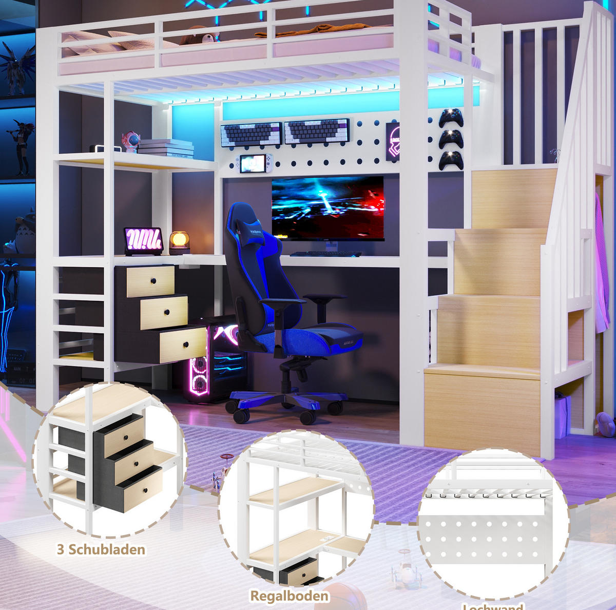 HOCHBETT 90/200 cm aus Metall und MDF mit Schreibtisch, Stauraum und LED-Beleuchtung Weiß - Weiß, Holzwerkstoff (90/200cm) - Modenvie