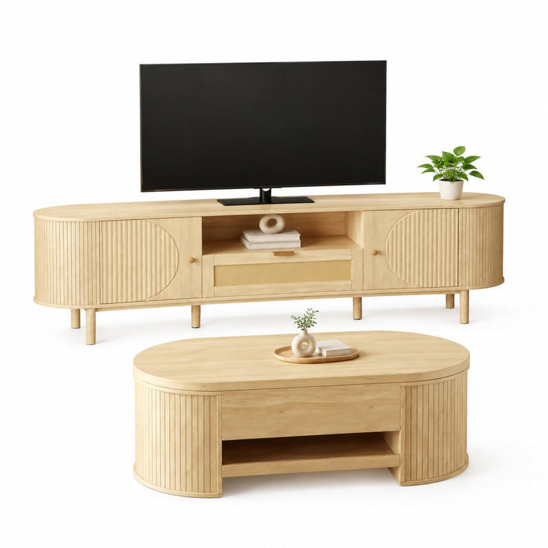 WOHNZIMMERMÖBEL-SET mit höhenverstellbarem Couchtisch und TV-Schrank Natural 2-tlg. - Braun, Holzwerkstoff (36/51/175.1cm) - Beauniv
