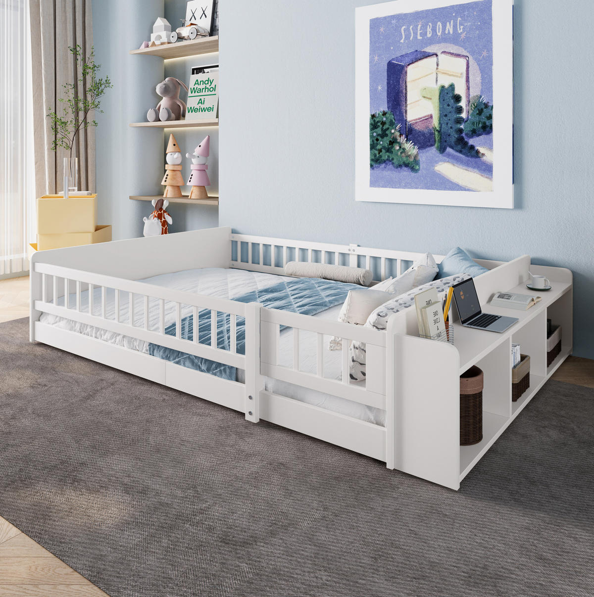 KINDERBETT 140/200 cm mit offenem Stauraum, Regalen und öffnender Zauntür aus Kiefern , Weiß - Weiß, Holzwerkstoff (140/200cm) - Redom