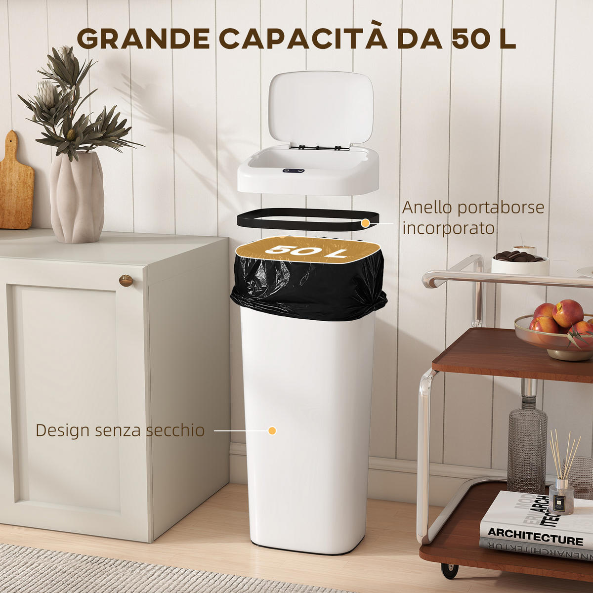 MÜLLEIMER mit Sensor Weiß 50 L 33/25/84 cm - Weiß, Metall (33/84/25cm)