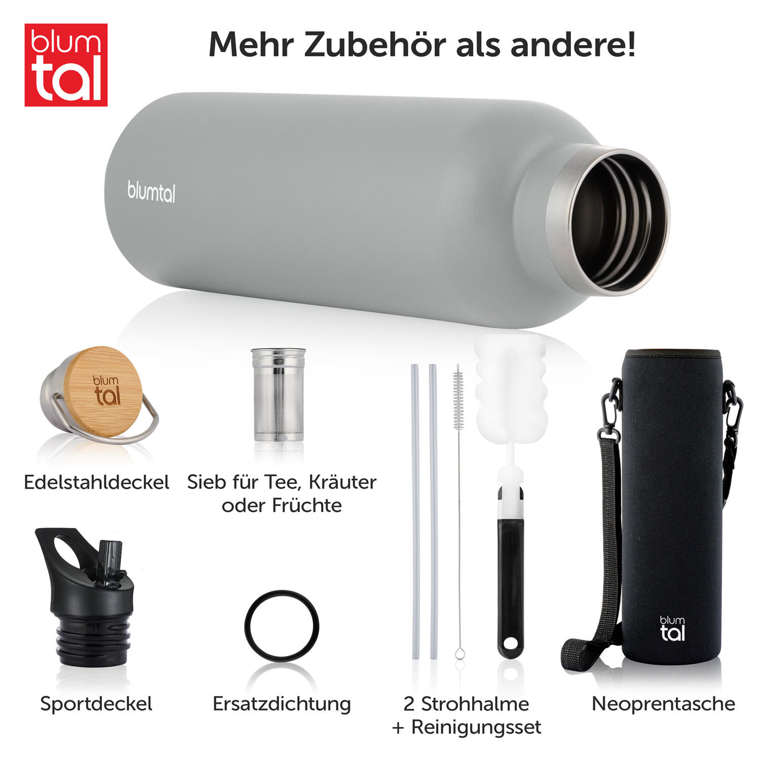 TRINKFLASCHE Leni 1000 ml, inkl. Teesieb und Sportdeckel - Grau, Metall (1L) - Blumtal