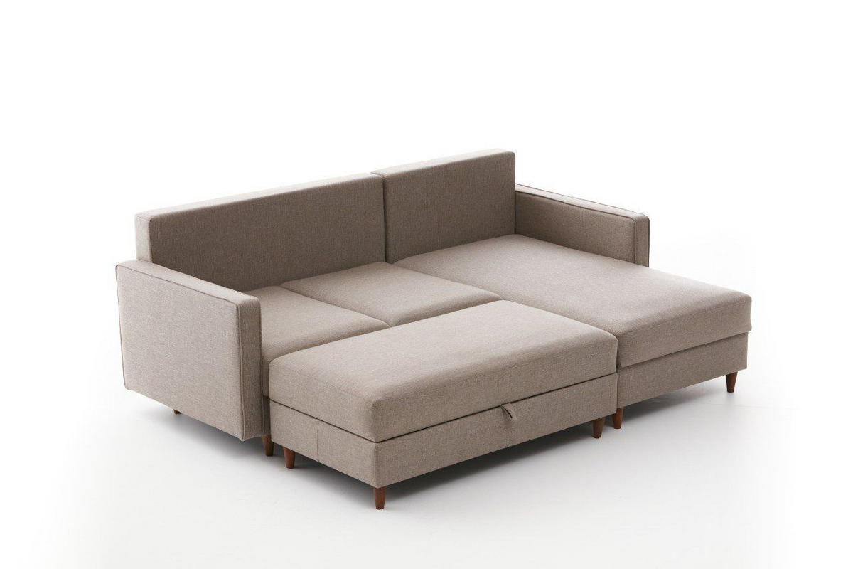 ECKSOFA mit Hocker, Schlaffläche - Beige/Walnussfarben, Holz/Kunststoff (155/210cm) - myHomelando