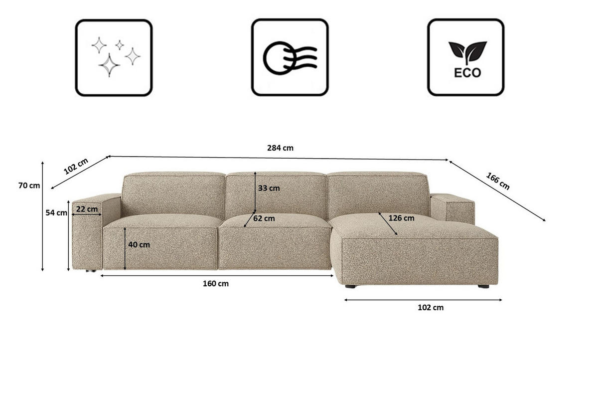 ECKSOFA Cursal L-Form, Stoff Artico, Beige, Rechts - Sandfarben, Holz (284/166cm) - Kaiser Möbel