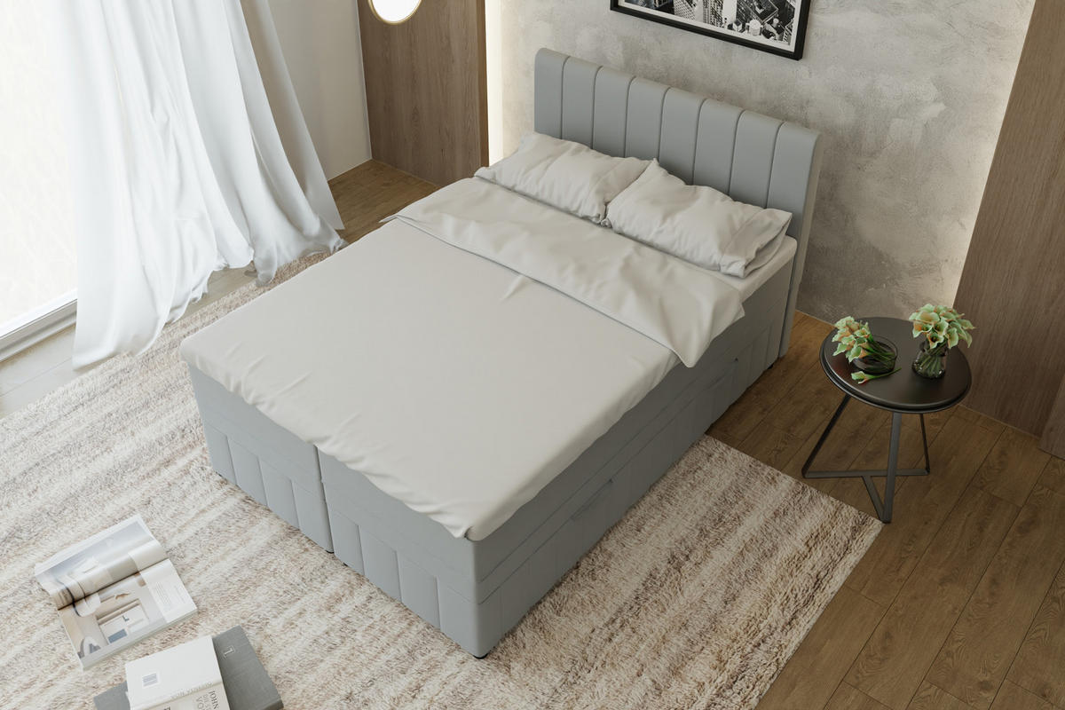 BOXBETT AVALON 140 x 200 cm mit Bettkasten und Topper - Hellgrau - Hellgrau, Holz - Panda Möbel