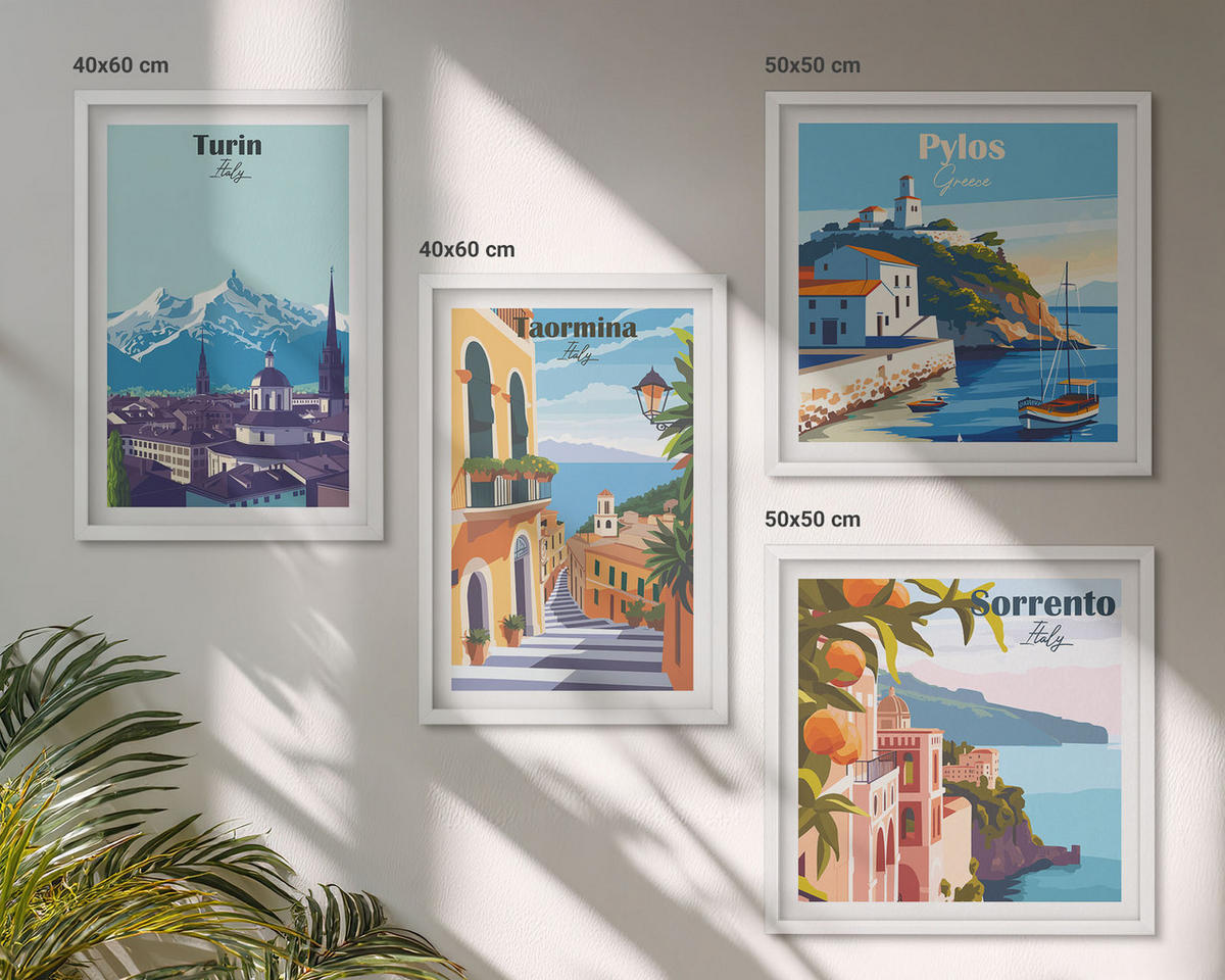 BILDER SET 4er Set - 50x50 cm & 40x60 cm Weißer Rahmen - Farbenfrohe Illustrationen von Retro-Städten - Weiß, Kunststoff (50/50cm) - TULUP