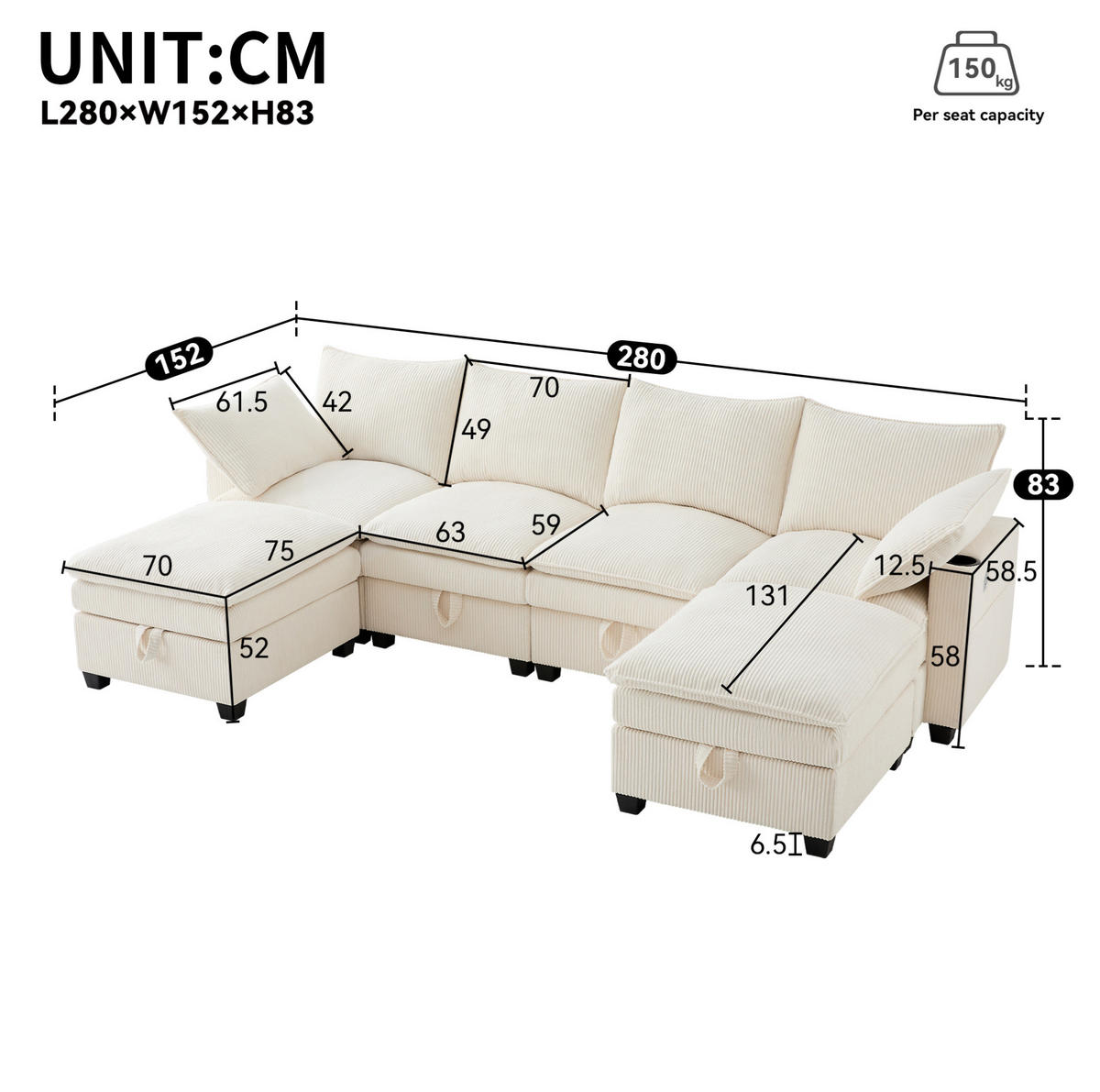 WOHNLANDSCHAFT Cord mit 2 Hockern und USB-Anschluss Stauraum 280/151/82 cm Beige - Beige, Kunststoff/Textil (82/280/151cm) - Redom