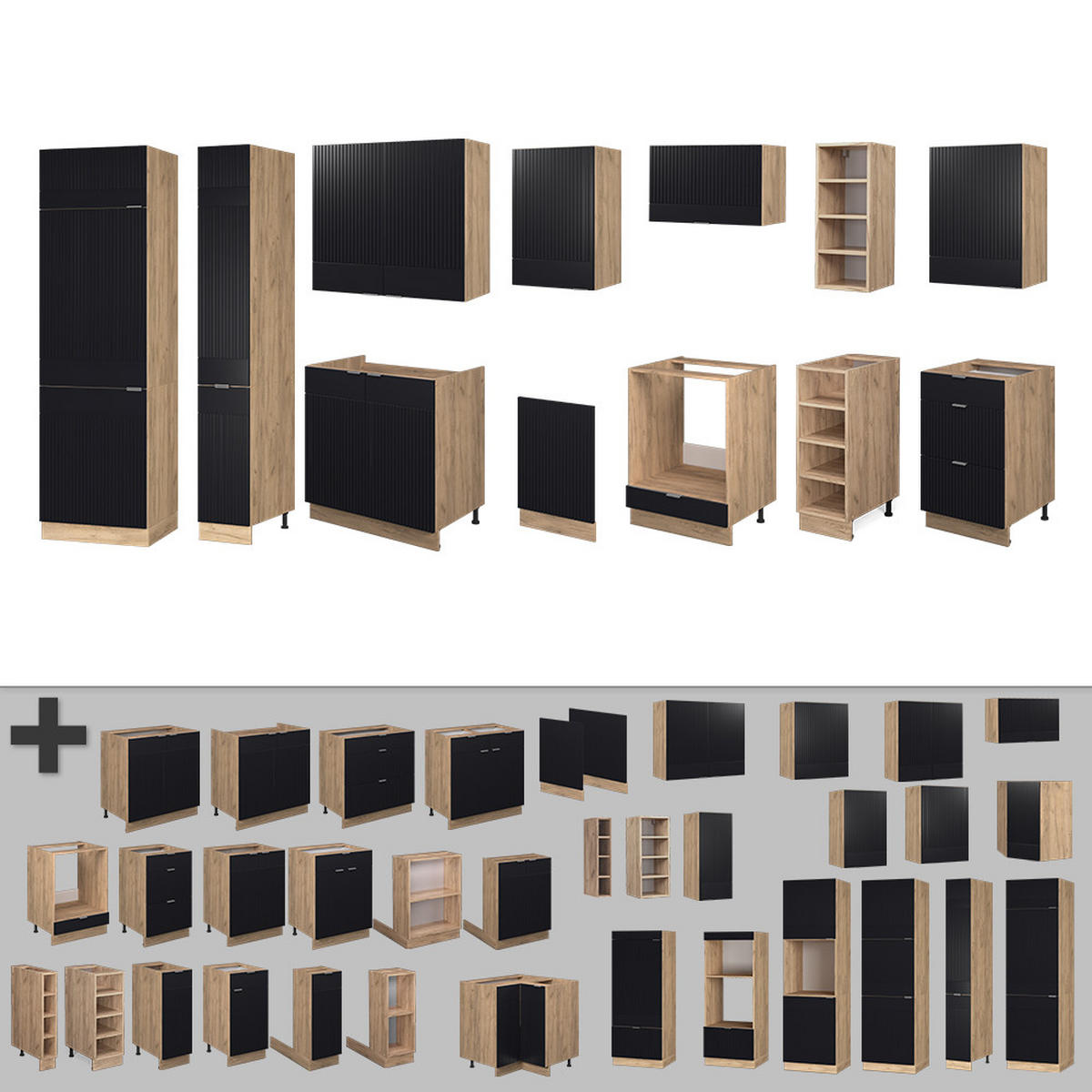 KÜCHENZEILE Fame-Line, Schwarz gestreift/Goldkraft Eiche, 355 cm ohne Arbeitsplatte - Honigeiche/Schwarz, Holzwerkstoff (355/81.6/46cm) - Vicco