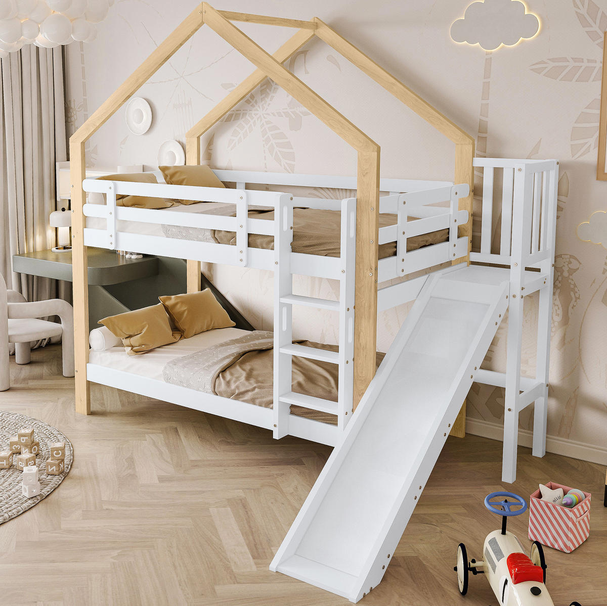 ETAGENBETT 90/200 cm mit Rutsche, Hausdach, Absturzsicherung und 3-stufiger Leiter aus Massivholz und MDF, Weiß/Natur - Weiß, Holzwerkstoff (90/200cm) - Redom