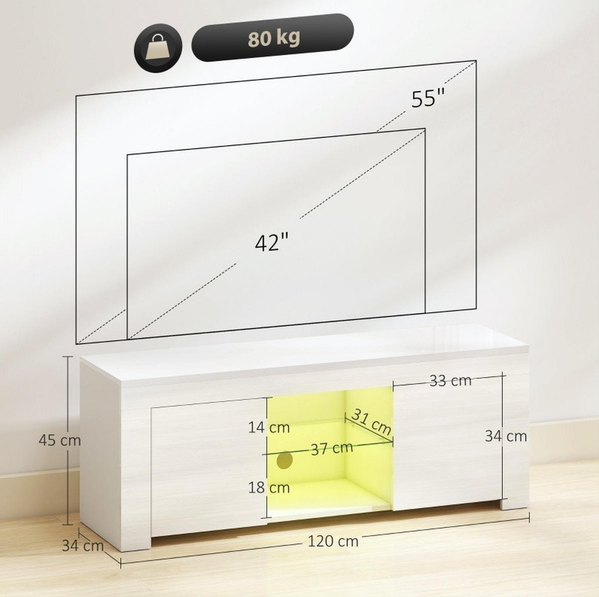 LOWBOARD 120/34/45 cm Weiß aus Glas mit LED-Beleuchtung - Weiß, Glas (34/45/120cm) - OKMYHOME